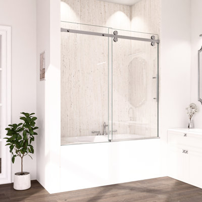 56 - 60"W X 60"H Bathtub Shower Door Enclosure, 5/16 Inches  8Mm  Tempered Glass, Brushed Nickel Designed For Small Bathtubs, Quiet And Stable Sliding, Space Saving Solution, Multi Functional Handle