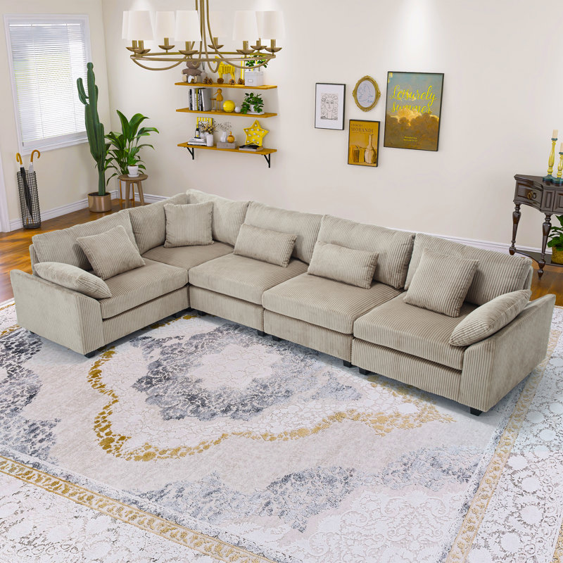 Wartow 5 Piece Corduroy Modular Sectional, RAF, LAF, Symmetrical, Brown Corduroy