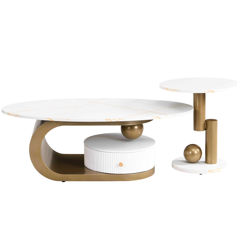 Ensemble de 2 tables basses dorées pour salon - Tables ovales et rondes modernes avec structure métallique robuste et tiroir en plastique imitation marbre. Montage facile et certifié.