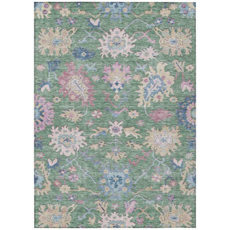 3' X 5' Sage Ivory And Pink Floral Washable Indoor Outdoor Area Rug
