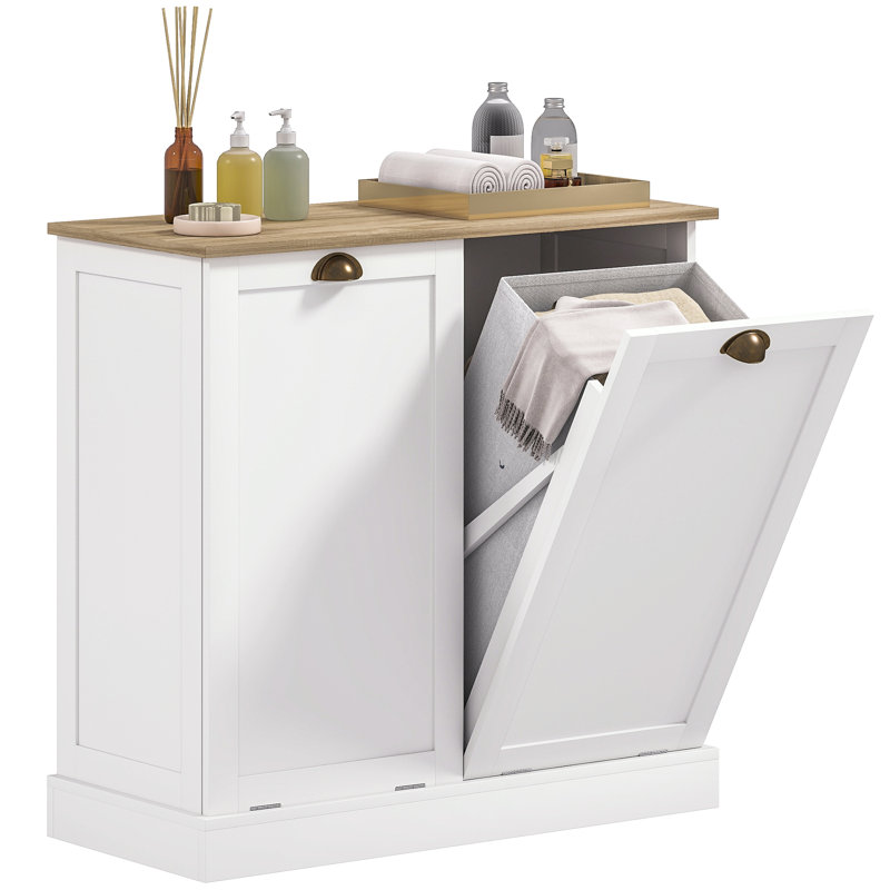 Double Tilt-Out Laundry Hamper Cabinet With 2 Removable Basket, Modern Bathroom Storage Cabinet With Shaker Doors And Handles, White
