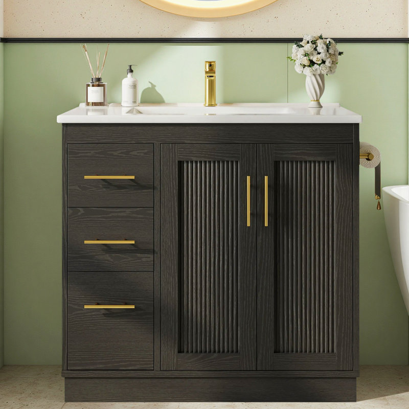 Meuble-lavabo noir de 36 po avec lavabo, armoire de salle de bain noire autoportante moderne avec comptoir Smc, portes à fermeture douce et 3 tiroirs, quincaillerie dorée