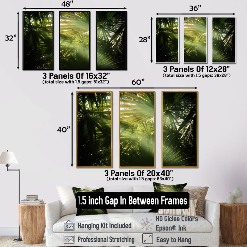 Jungle S Verdant Embrace II - ensemble d'art mural sur toile Jungle, Cadre flottant noir, H 32 po x l 48 po x P 1 po