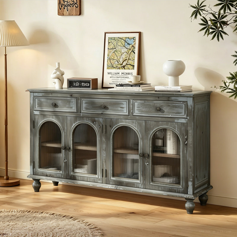 60"Modern Sideboard Buffet, Storage Cabinet With Solid Wood Legs, Shelves For Kitchen, Dining Room, Living Room, Black/Gray
