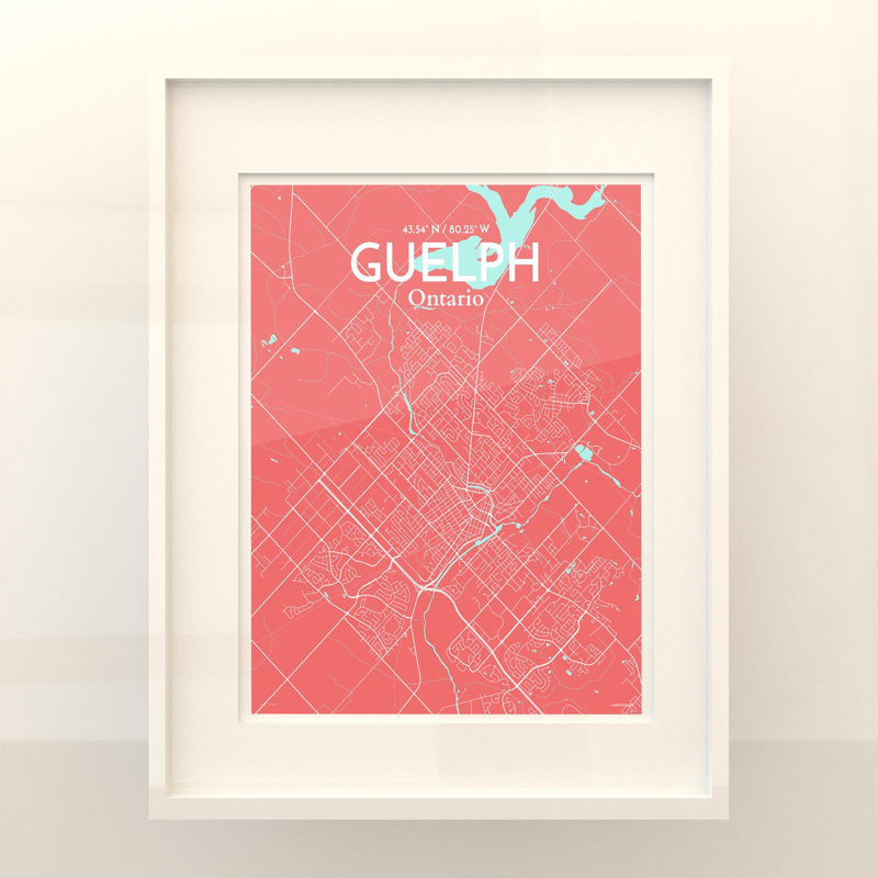 Guelph City Map, impression, H 20 po x l 16 po, Rose / bleu bébé