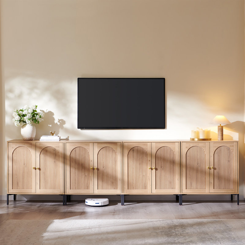 Meuble télé moderne avec meuble télé de 34 po de hauteur avec tablettes réglables, meuble télé de style Mid-Century avec portes cannelées arquées, meuble média pour salon (ensemble de 4)