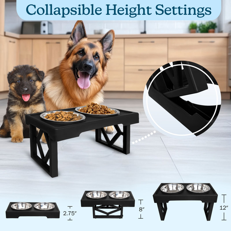 PETMAKER Adjustable Elevated Dog Bowl Stand with 2 Large 34 oz Stainless Steel Bowls, Black, Black