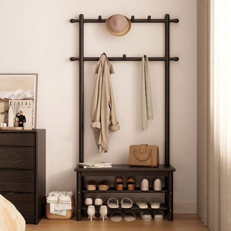 Solid Wood Hall Tree with Bench and Shoe Storage, Entryway Organizer with 11 Hooks and Two-Tier Shoe Rack for Mudroom or Hallway