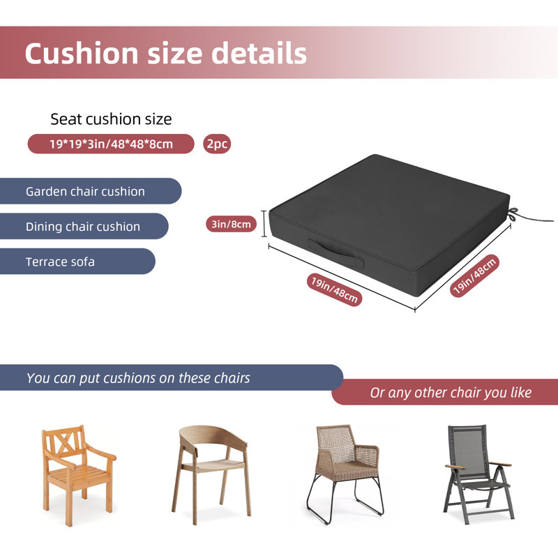 Coussins de chaise d'extérieur carrés, ensemble de 2 pièces, 19 * 19 * 3 pouces, coussins de patio résistants aux éclaboussures et aux rayons UV avec poignées de transport et sangles de fixation (gris foncé)