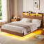 Cadre de lit flottant pleine grandeur avec rangement, station de recharge et lumières DEL, cadre de lit en bois cannelé avec tête de lit de rangement pour chambre à coucher, aucun sommier requis-1153541234