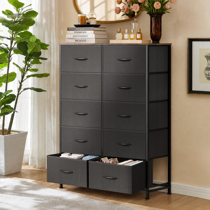 Commode 10 tiroirs pour chambre à coucher Cecilla, commode haute pour rangement avec dessus Woonden, structure robuste, commode double pour le salon, placard, couloir