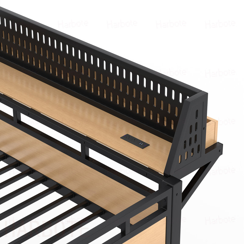 Lit superposé double au-dessus de double avec tablettes de rangement et panneau perforé, cadre de lit superposé avec ports USB et lumières DEL, peu encombrant
