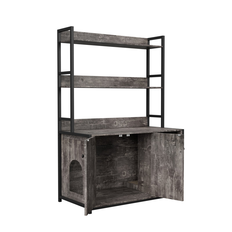 Grand bac à litière pour chat avec tablette de rangement, meubles de toilette cachés pour chat, maison de chat en bois avec patin à griffes, armoire intérieure robuste pour chat avec 2 portes (gris), buffet