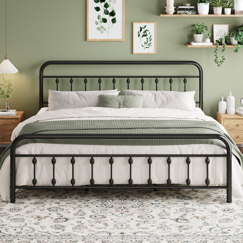 Modern Design Metal Platform Bed Frame With Headboard And Footboard, Black, King
