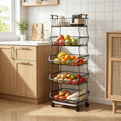 Panier à fruits à roulettes, chariot de rangement à 5 niveaux pour la cuisine, le garde-manger et le salon, organisateur en fil métallique durable avec plateaux amovibles et roulettes verrouillables