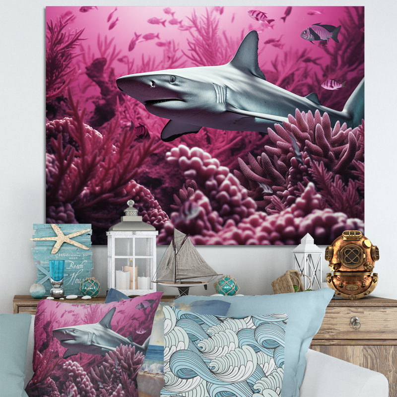 " Hammerhead Purple Sharks ", 34" H x 44" W x 1.5" D, Wrapped Canvas
