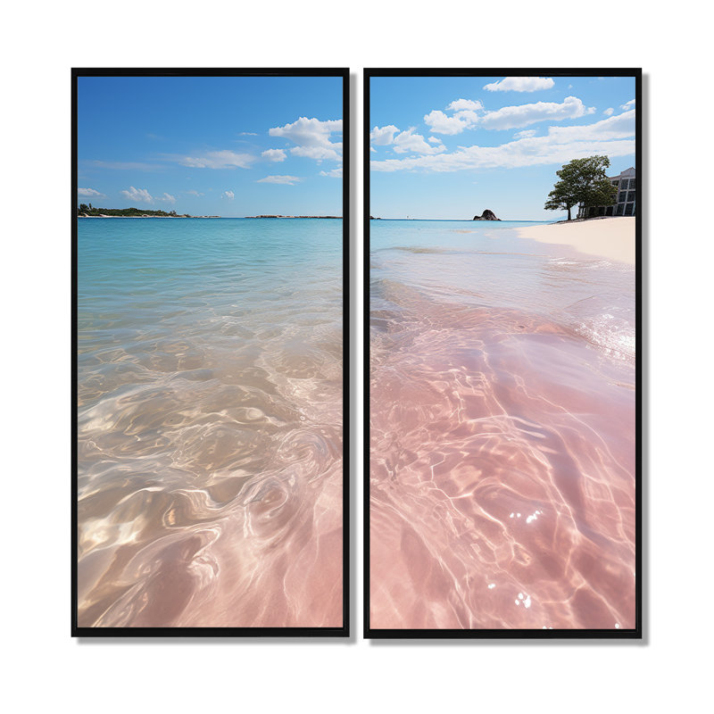 Plage de sable rose I - art mural nautique, 20" H x 24" W, Floater Frame, Black