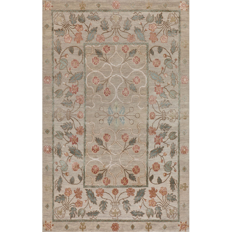 Erika Oriental Area Rug in Green/Teal/Cream, Rectangle 5' x 7'