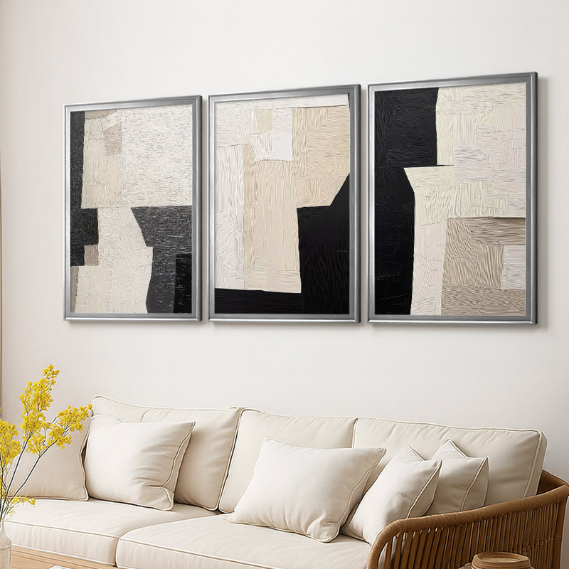 ABSTRACT Series DCLV - Toile tendue avec châssis sur mesure - 3 pièces, Argent argent, H 27 po x l 39 po