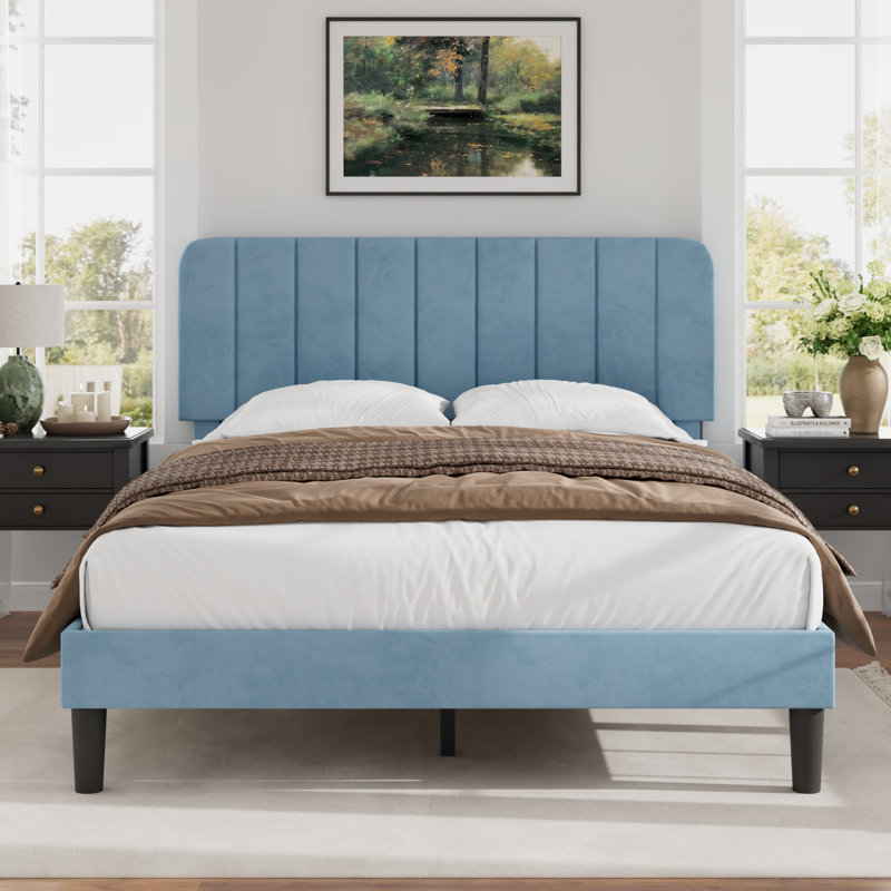 Upgraded Velvet Upholstered Platform Bed with Adjustable Headboard, Reinforced & Quiet Design, No Box Spring Needed, Sturdy Wood Slat Support, Easy Assembly