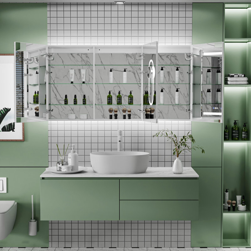 Elevs LED Lighted Inset Mirrored Medicine Cabinet with Magnifiers Front and Back Light, 36" H x 72" W x 5.3" D
