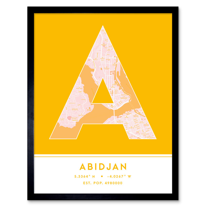 Abidjan City Map Abidjan Yellow by Wee Blue Coo - Single Picture Frame Typography