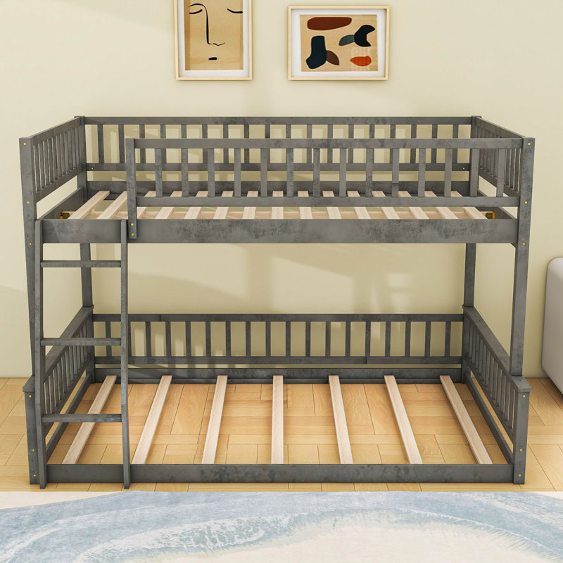 Wood Bunk Bed With Ladder And Slats, Gray, Full XL Over Queen