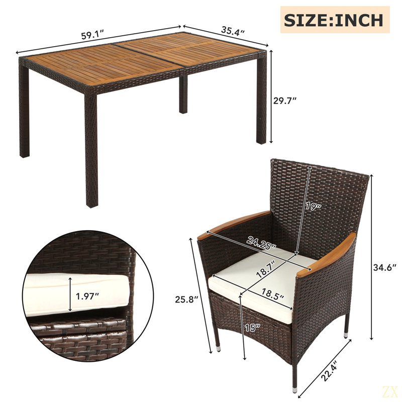 Ensemble de salle à manger de patio 7 pièces, ensemble de table et chaises de jardin en osier de rotin PE, plateau de table en bois d'acacia, chaises avec accoudoirs empilables avec coussins