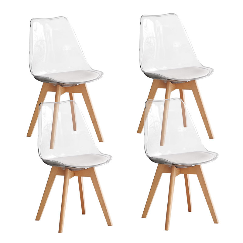 Acrylic Dining Chairs Set of 4, Clear Kitchen Chair with Padded Seat, Solid Wood Legs For Living Room, Home Office, 4, Clear