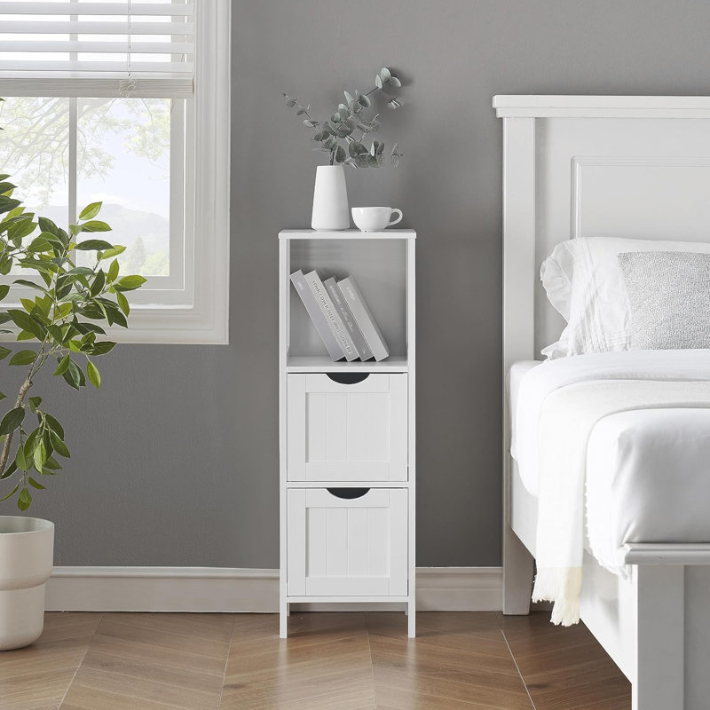 Freestanding Bathroom Cabinet With Open Shelf And 2 Drawers, White Floor Storage Organizer For Bathroom Or Living Room