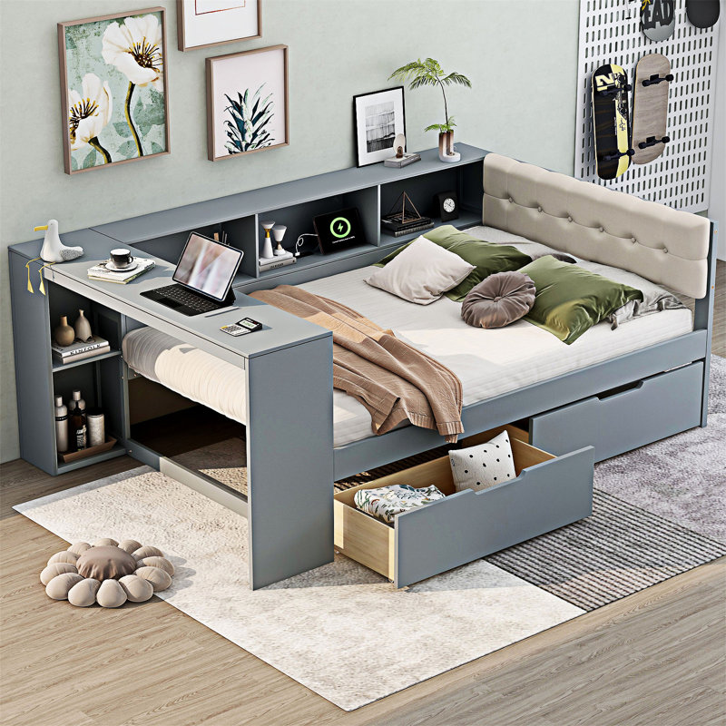 Lit plateforme en bois avec rangement et station de charge, Double, gris