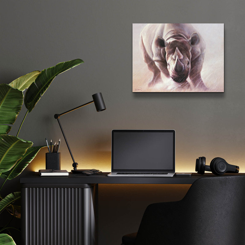 «Full Speed Ahead Rhino» par Robert Campbell, art mural en verre acrylique, H 12 po x l 16 po x P 0,13 po