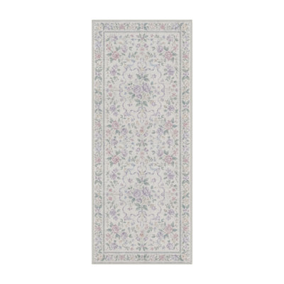 Machine Washable Floral Ivory / Gray Hallway Runner With Non-Slip Backing