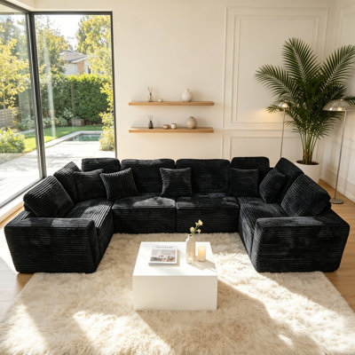 135.5" Modular U‑Shaped Sectional Sofa, 6‑Seater Freely Combinable Corner Couch, Striped Corduroy Oversized Chaise Lounge, No Assembly Required,Black