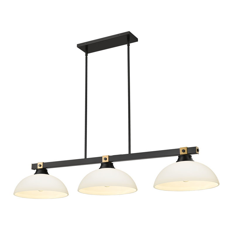 Billard 3 lumières Dressler en noir mat + laiton frotté, H 8,25 po x l 13,5 po x P 52,25 po, Opale mat