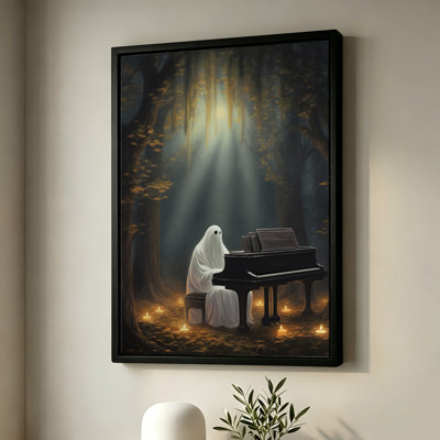 Fantôme d'Halloween jouant du piano dans une forêt mystique, tableau sur toile encadré, cadre beige, 50 x 75 cm