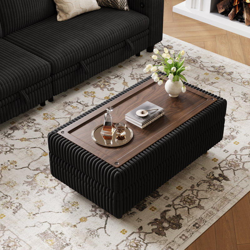 Sherry 40.55'' Upholstered Storage Ottoman with Tray, Effie Black Corduroy