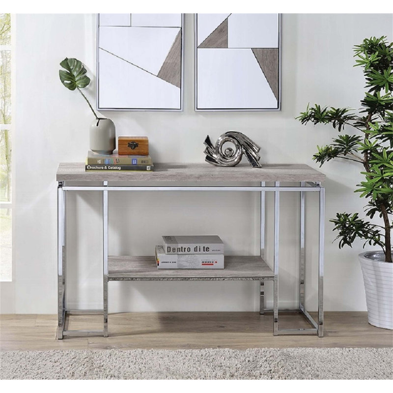 Console moderne avec cadre chromé et plateau en chêne naturel pour un mobilier de salon élégant