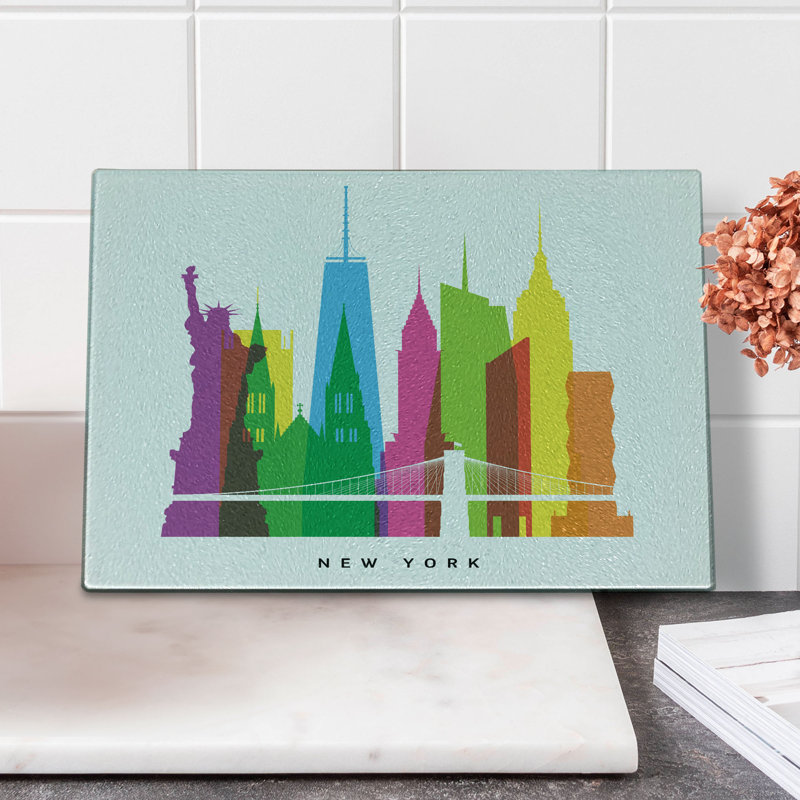 Ambesonne American Tempered Glass Cutting Board New York Landmarks Multicolor