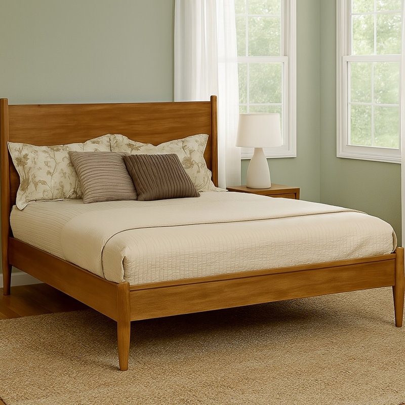 Très grand lit plateforme King de teinte chêne, avec tête de lit haute, sans sommier et assemblage simple dans la chambre à coucher avec ensemble de lattes, confortable pour