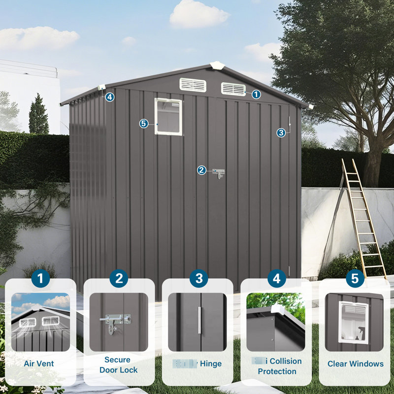 Remise de rangement extérieure grise en métal de 6 pi 3,5 pi avec toit pointu étanche et fenêtre de toit, convenant pour le rangement à long terme, assemblage rapide modulaire par outil en gris, conception de trous de ventilation,