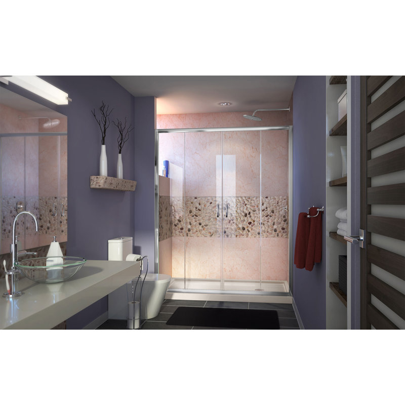 Visions 74.75" H Semi-Frameless Shower Enclosure, Right, Chrome/Biscuit