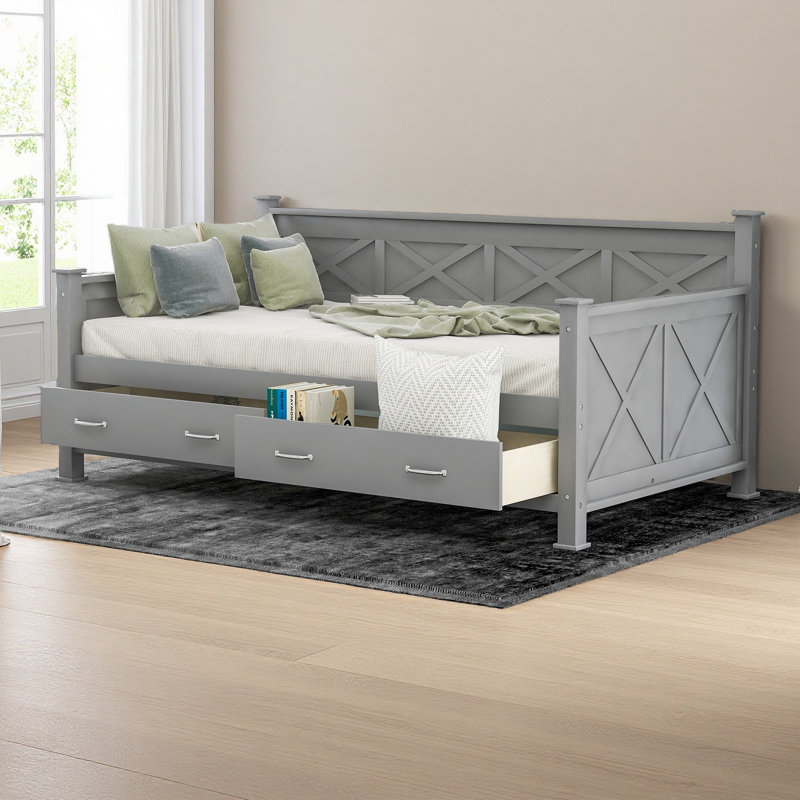 Twin Size Daybed With 2 Large Drawers, X-Shaped Frame, Modern And Rustic Casual Style Daybed, Gray