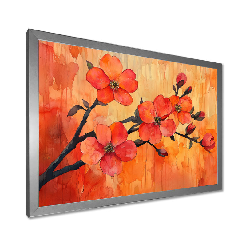 Coucher de soleil sur les branches de cornouiller de l'élégance II - art mural floral, H 12 po x l 20 po, Argent argent