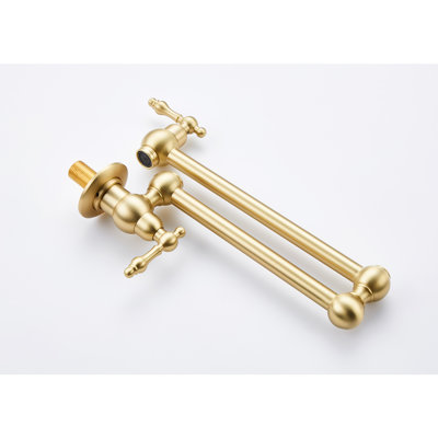Wall Mount Pot Filler Faucet Brushed Gold - Foldable Arm, 360 Rotation, Brass Build, Double Handles For Precise Water Flow Regulation, Corrosion Finish In Foldable, Swivel, Brass, Easy Control With