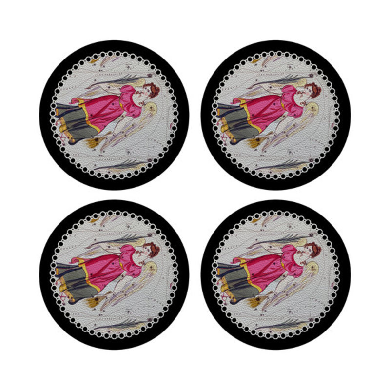 Zodiac Virgo Black Vegan Leather Round Coasters, Black