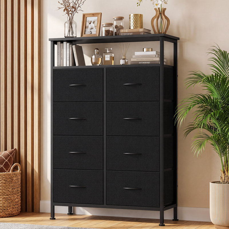 Fabric Dresser for Bedroom with Open Shelves, Tall Dresser with 8 Drawers, Storage Tower, Chest of Drawers for Closet, Black