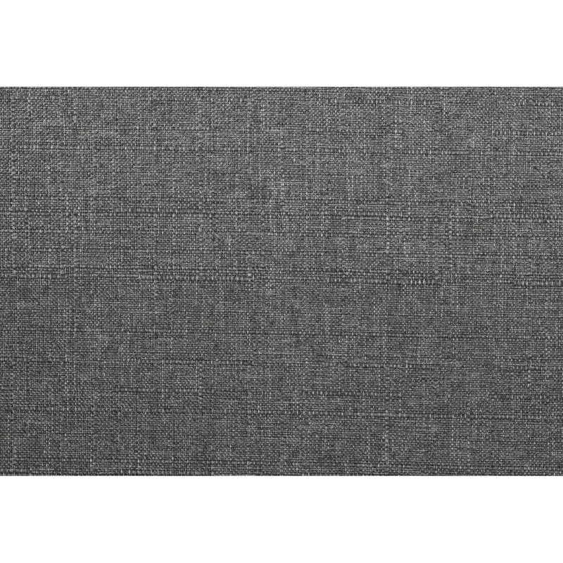 Revêtement en tissu gris, structure en bois massif au fini antique, siège rembourré en mousse classique.
