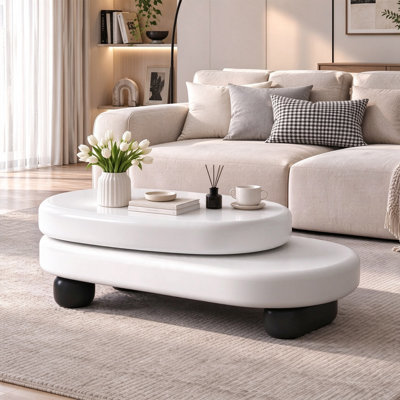 Table basse moderne de 46 po avec plateau tournant à 360 degrés, table basse ovale à 2 niveaux pour le salon