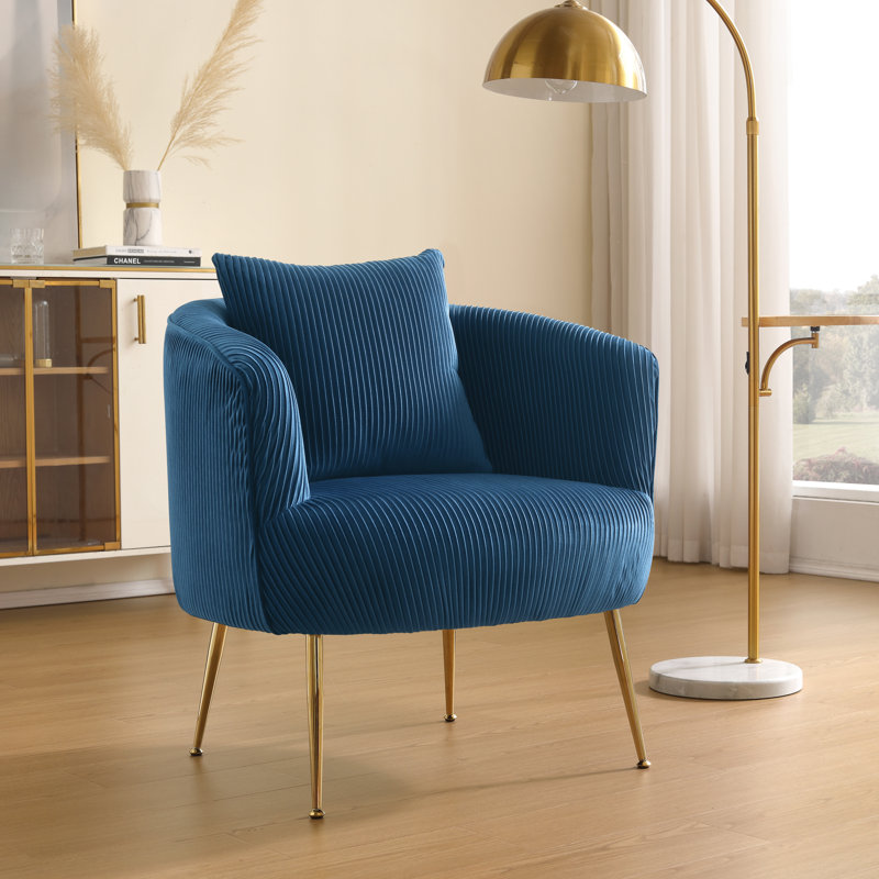 Letona 28.74" W Velvet Barrel Chair with gold metal legs, Blue